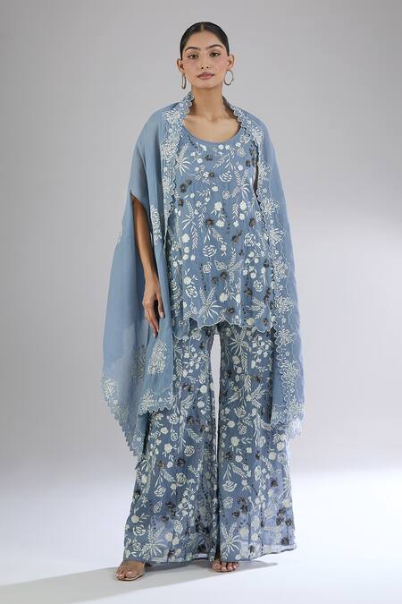 Buy_Peachoo_Blue Embroidery Resham Open Floral Cutwork Border Cape_Online_at_Aza_Fashions
