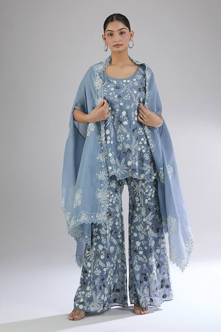 Shop_Peachoo_Blue Embroidery Resham Open Floral Cutwork Border Cape_Online_at_Aza_Fashions