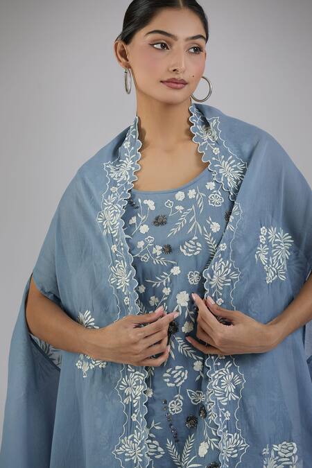 Peachoo_Blue Embroidery Resham Open Floral Cutwork Border Cape_at_Aza_Fashions