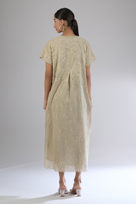 Shop Peachoo Beige Embroidery Resham Notched Floral Cutwork Midi Dress at Aza Fashions Shop_Peachoo_Beige Embroidery Resham Notched Floral Cutwork Midi Dress_at_Aza_Fashions