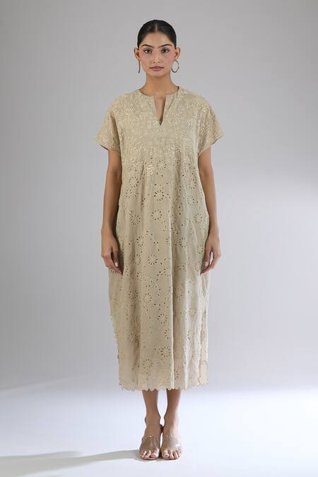 Peachoo Beige Embroidery Resham Notched Floral Cutwork Midi Dress Online at Aza Fashions Peachoo_Beige Embroidery Resham Notched Floral Cutwork Midi Dress_Online_at_Aza_Fashions