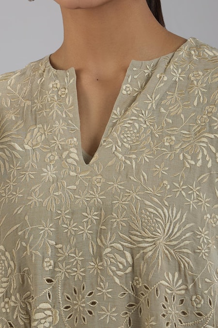 Buy Peachoo Beige Embroidery Resham Notched Floral Cutwork Midi Dress Online at Aza Fashions Buy_Peachoo_Beige Embroidery Resham Notched Floral Cutwork Midi Dress_Online_at_Aza_Fashions