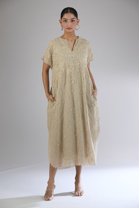 Shop Peachoo Beige Embroidery Resham Notched Floral Cutwork Midi Dress Online at Aza Fashions Shop_Peachoo_Beige Embroidery Resham Notched Floral Cutwork Midi Dress_Online_at_Aza_Fashions