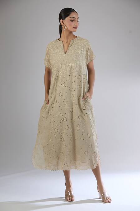 Peachoo Beige Embroidery Resham Notched Floral Cutwork Midi Dress at Aza Fashions Peachoo_Beige Embroidery Resham Notched Floral Cutwork Midi Dress_at_Aza_Fashions