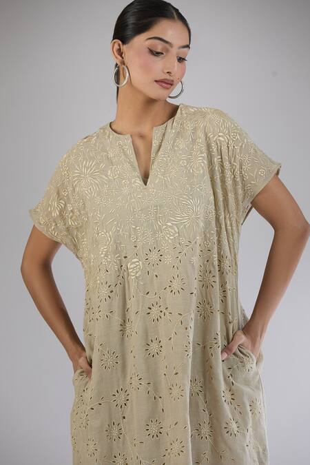 Buy Peachoo Beige Embroidery Resham Notched Floral Cutwork Midi Dress Buy_Peachoo_Beige Embroidery Resham Notched Floral Cutwork Midi Dress