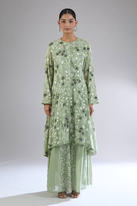 Peachoo_Green Moss Embroidery Resham Round Neck Floral Tunic Set_Online_at_Aza_Fashions