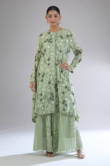 Buy_Peachoo_Green Moss Embroidery Resham Round Neck Floral Tunic Set_Online_at_Aza_Fashions
