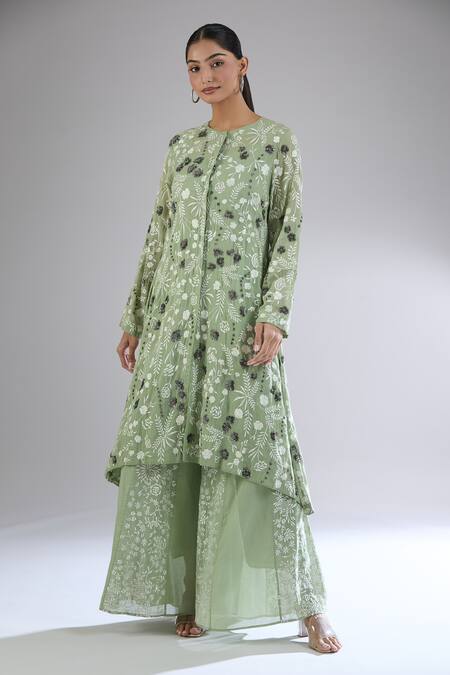 Shop_Peachoo_Green Moss Embroidery Resham Round Neck Floral Tunic Set_Online_at_Aza_Fashions