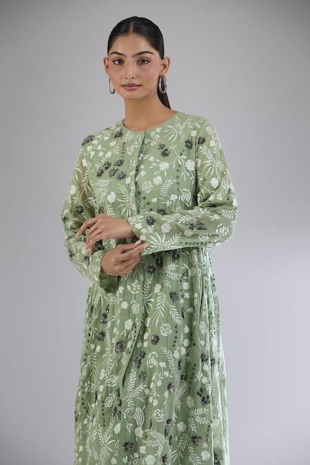 Peachoo_Green Moss Embroidery Resham Round Neck Floral Tunic Set_at_Aza_Fashions