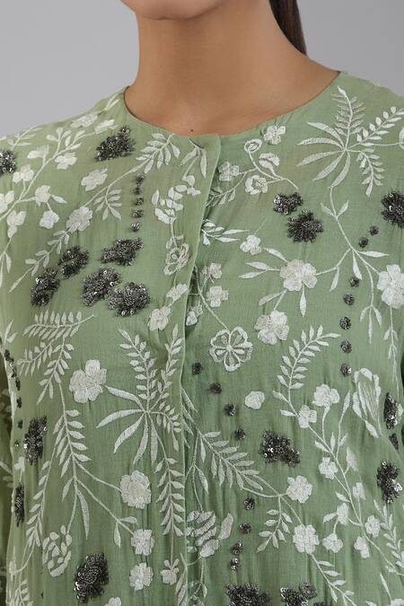 Buy_Peachoo_Green Moss Embroidery Resham Round Neck Floral Tunic Set