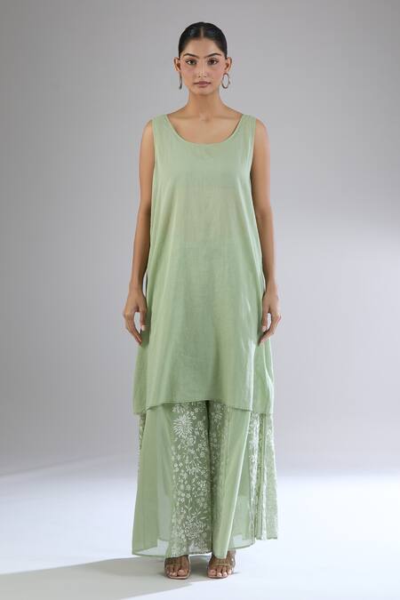 Shop_Peachoo_Green Moss Embroidery Resham Round Neck Floral Tunic Set