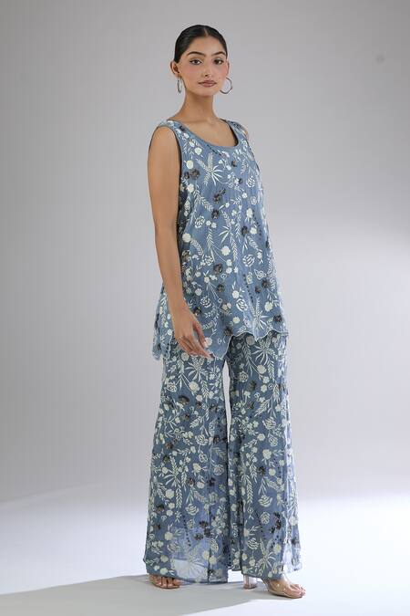Peachoo_Blue Embroidery Resham Floral Flared Pant_Online_at_Aza_Fashions