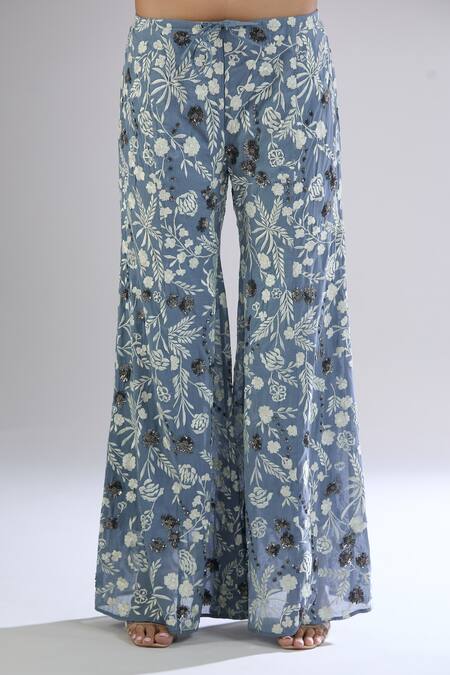 Buy_Peachoo_Blue Embroidery Resham Floral Flared Pant_Online_at_Aza_Fashions