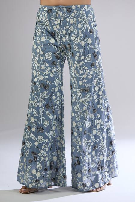 Shop_Peachoo_Blue Embroidery Resham Floral Flared Pant_Online_at_Aza_Fashions