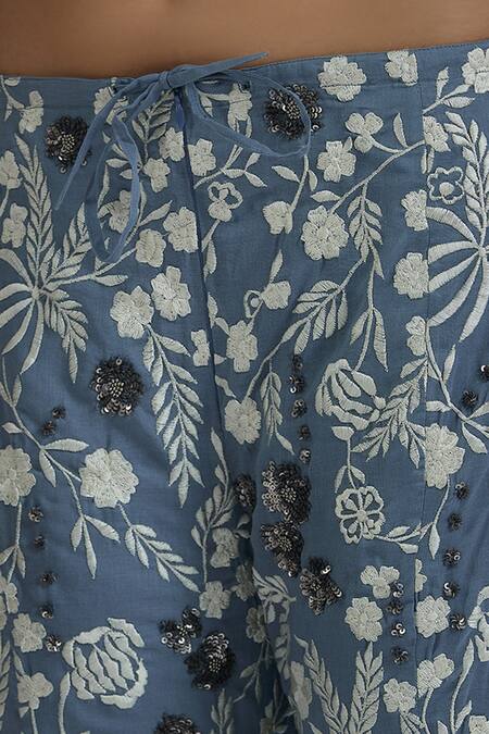 Peachoo_Blue Embroidery Resham Floral Flared Pant_at_Aza_Fashions
