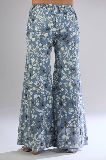 Buy_Peachoo_Blue Embroidery Resham Floral Flared Pant