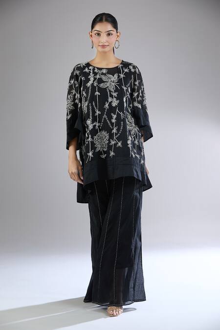 Peachoo_Black Embroidery Dori Round Neck Tunic With Slip_Online_at_Aza_Fashions