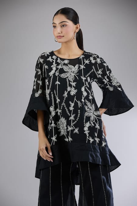 Buy_Peachoo_Black Embroidery Dori Round Neck Tunic With Slip_Online_at_Aza_Fashions