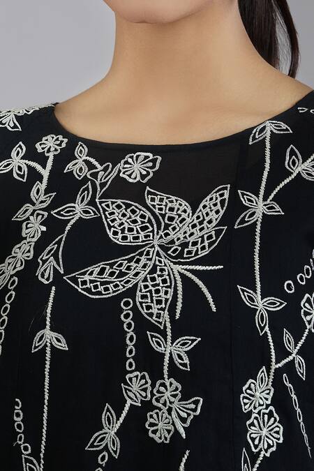Shop_Peachoo_Black Embroidery Dori Round Neck Tunic With Slip_Online_at_Aza_Fashions