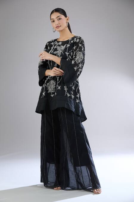 Peachoo_Black Embroidery Dori Round Neck Tunic With Slip_at_Aza_Fashions