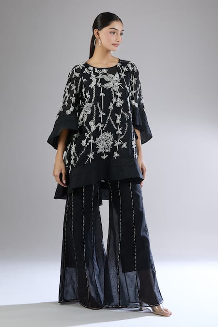 Buy_Peachoo_Black Cotton Embroidery Flared Pant With Stitchline Thread _Online_at_Aza_Fashions