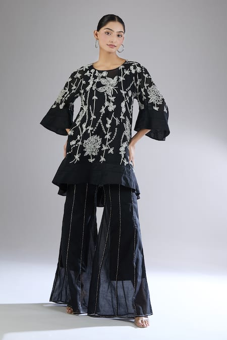 Shop_Peachoo_Black Cotton Embroidery Flared Pant With Stitchline Thread _Online_at_Aza_Fashions