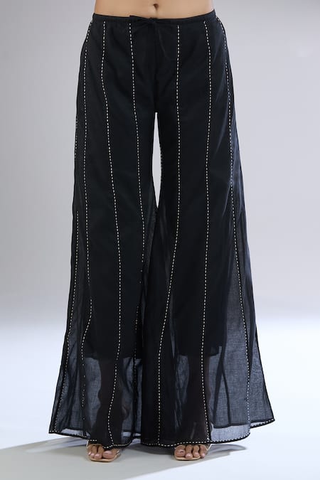 Peachoo_Black Cotton Embroidery Flared Pant With Stitchline Thread _at_Aza_Fashions