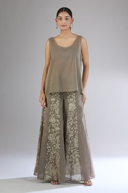 Peachoo_Brown Embroidery Thread Flared Pant_Online_at_Aza_Fashions