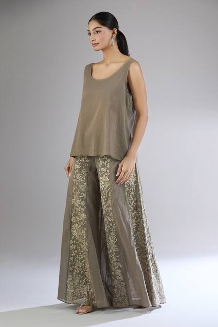 Buy_Peachoo_Brown Embroidery Thread Flared Pant_Online_at_Aza_Fashions