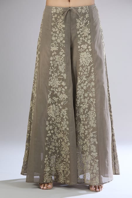 Shop_Peachoo_Brown Embroidery Thread Flared Pant_Online_at_Aza_Fashions