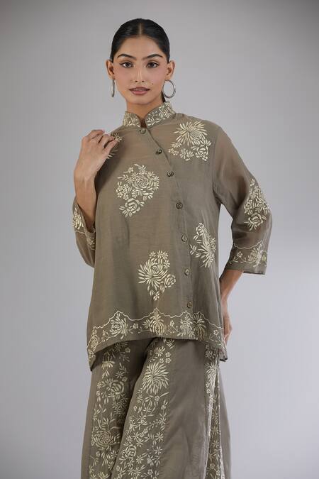 Peachoo_Brown Embroidery Resham Mandarin Collar Top With Slip _Online_at_Aza_Fashions