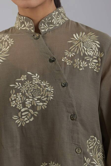 Buy_Peachoo_Brown Embroidery Resham Mandarin Collar Top With Slip _Online_at_Aza_Fashions