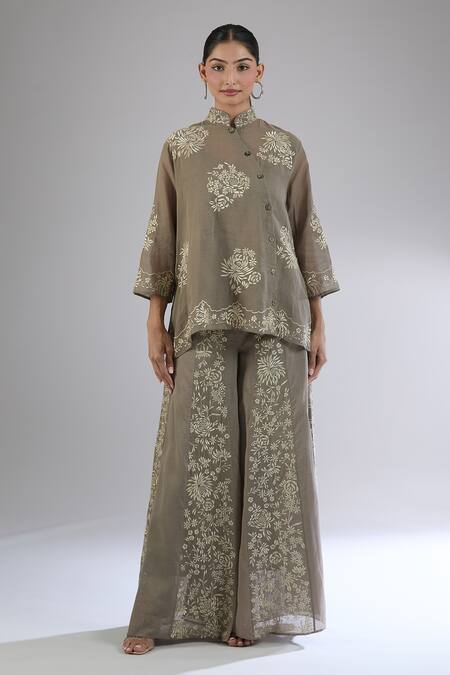 Shop_Peachoo_Brown Embroidery Resham Mandarin Collar Top With Slip _Online_at_Aza_Fashions