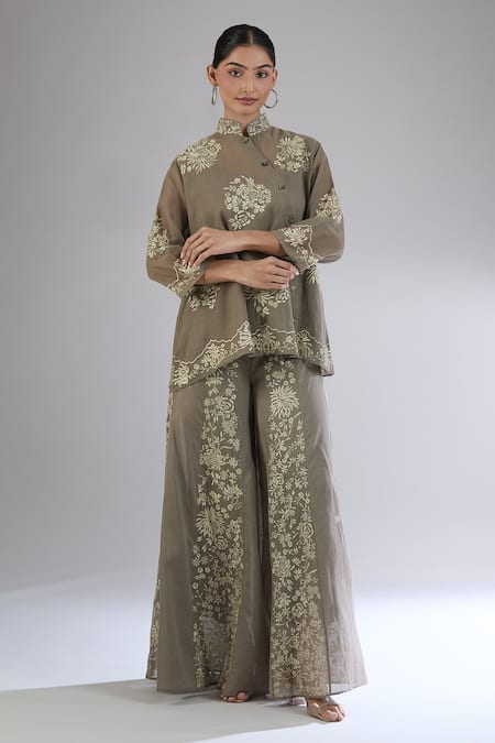 Peachoo_Brown Embroidery Resham Mandarin Collar Top With Slip _at_Aza_Fashions