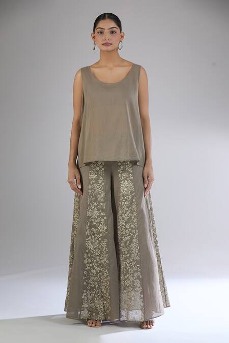Buy_Peachoo_Brown Embroidery Resham Mandarin Collar Top With Slip 