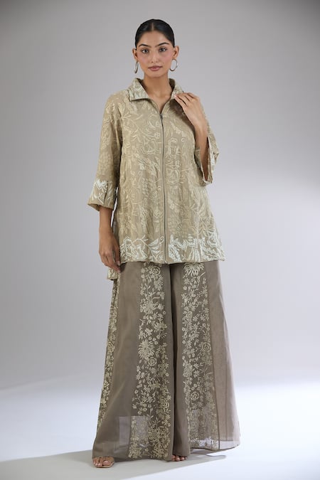 Peachoo_Brown Embroidery Resham Collar Jacket_Online_at_Aza_Fashions