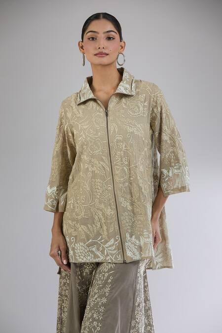 Buy_Peachoo_Brown Embroidery Resham Collar Jacket_Online_at_Aza_Fashions
