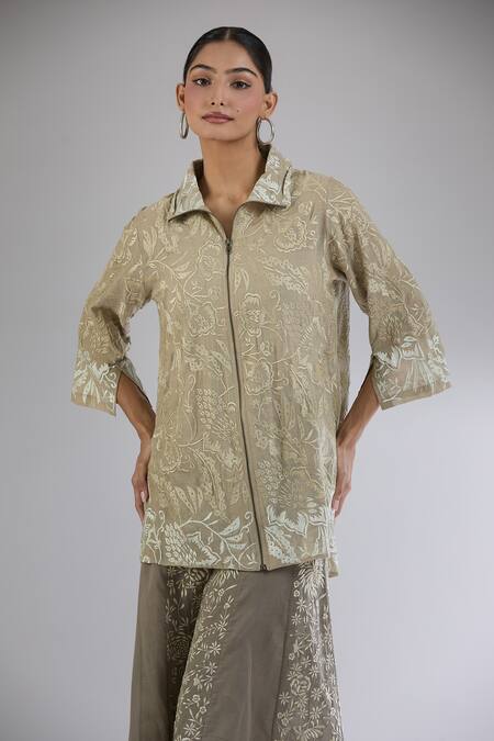 Shop_Peachoo_Brown Embroidery Resham Collar Jacket_Online_at_Aza_Fashions