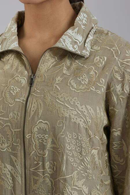 Peachoo_Brown Embroidery Resham Collar Jacket_at_Aza_Fashions