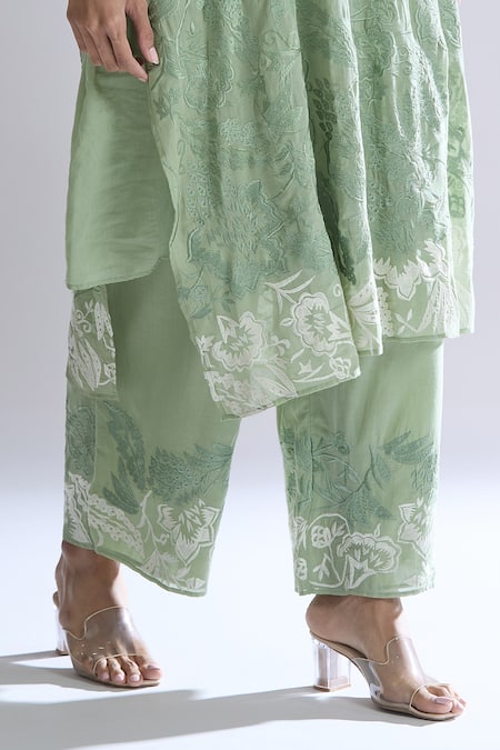 Peachoo_Green Modal Embroidery Resham Border Pant _Online_at_Aza_Fashions