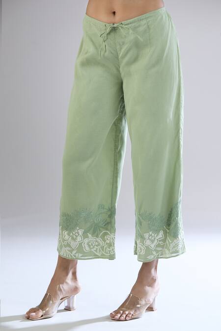 Buy_Peachoo_Green Modal Embroidery Resham Border Pant _Online_at_Aza_Fashions