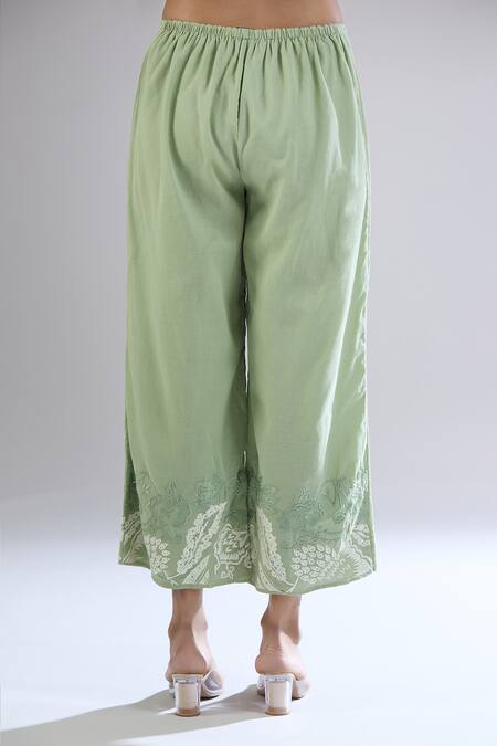 Shop_Peachoo_Green Modal Embroidery Resham Border Pant _Online_at_Aza_Fashions