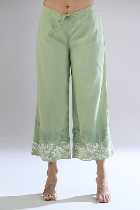 Peachoo_Green Modal Embroidery Resham Border Pant _at_Aza_Fashions