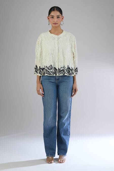 Peachoo_Off White Embroidery Dori Band Collar Floral Poncho Top_Online_at_Aza_Fashions