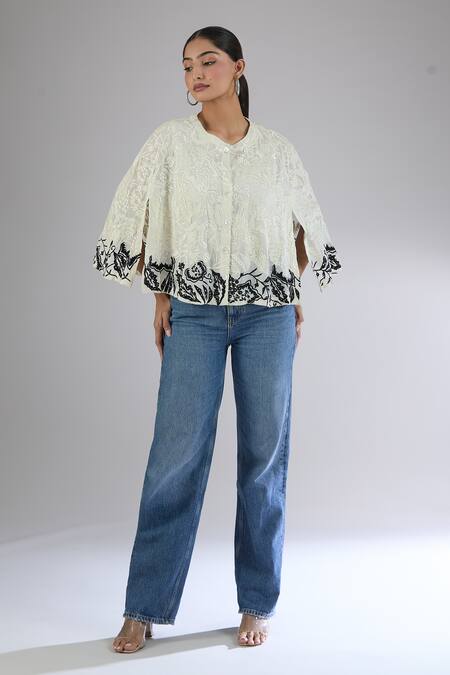 Buy_Peachoo_Off White Embroidery Dori Band Collar Floral Poncho Top_Online_at_Aza_Fashions