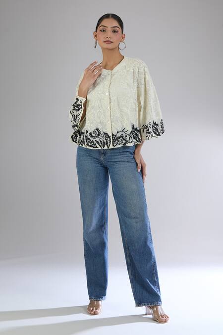 Shop_Peachoo_Off White Embroidery Dori Band Collar Floral Poncho Top_Online_at_Aza_Fashions