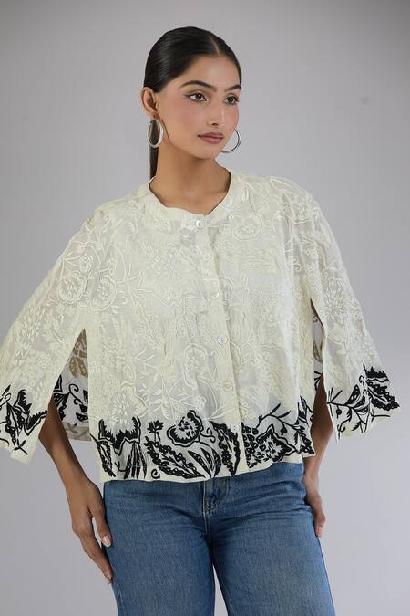 Peachoo_Off White Embroidery Dori Band Collar Floral Poncho Top_at_Aza_Fashions