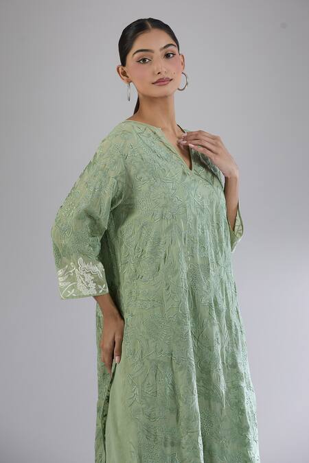 Peachoo_Green Moss Embroidery Dori Notched Floral Tunic Set_Online_at_Aza_Fashions