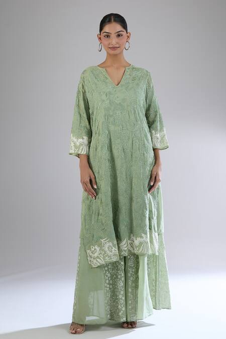 Buy_Peachoo_Green Moss Embroidery Dori Notched Floral Tunic Set_Online_at_Aza_Fashions