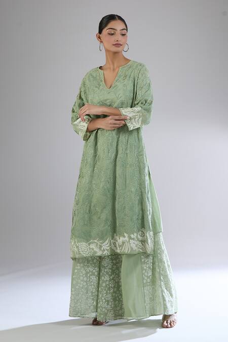 Shop_Peachoo_Green Moss Embroidery Dori Notched Floral Tunic Set_Online_at_Aza_Fashions